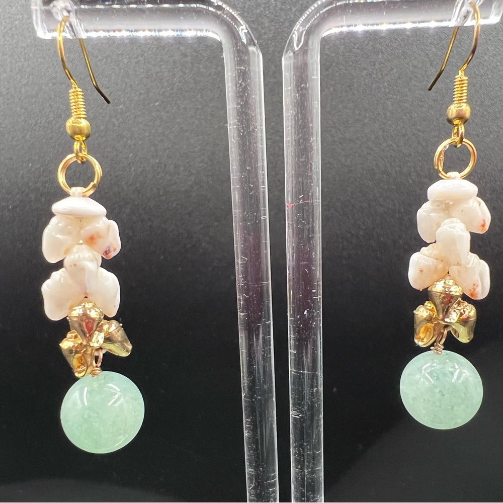Niihau Pikake Shell & 14K Gold Cast Shell Earrings Pale Green Stone Kuana Torres
